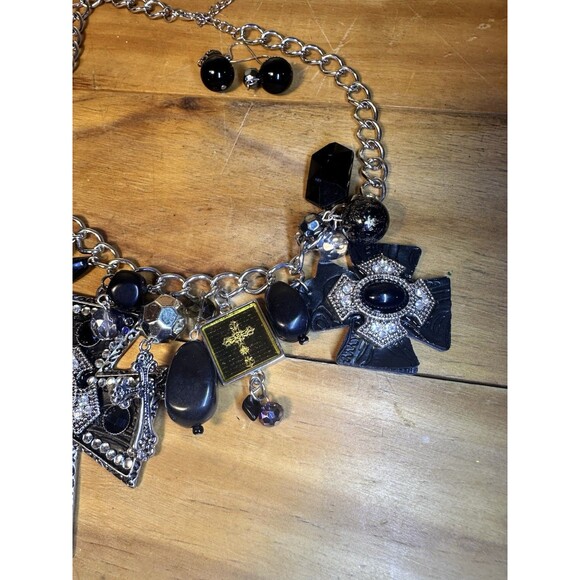Western Black Large Cross Pendant with Charms Necklace with Earrings - Picture 4 of 5